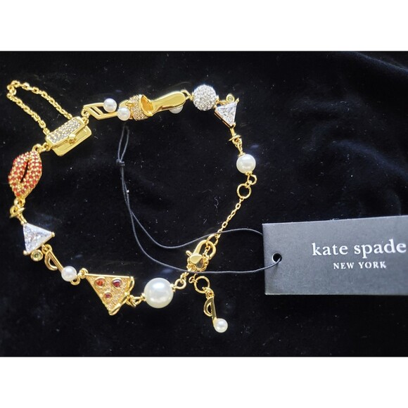 Kate Spade Gold Tone Hit The Town Charm Bracelet Faux Pearl & Crystal | - Picture 2 of 3